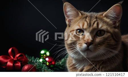 A charming brown tabby cat poses in a dark setting, surrounded by colorful Christmas ornaments and a festive garland, embodying the joy and warmth of the holiday season. 121510417