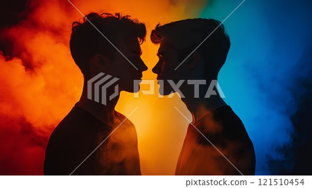 Two men silhouetted face to face against a dramatic glow of orange, red, and blue, symbolizing love, pride, and emotional connection. . High quality illustration 121510454