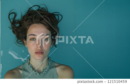 A striking portrait of a woman floating in a turquoise pool, with her hair spread out, evoking calm and elegance. . High quality illustration 121510459