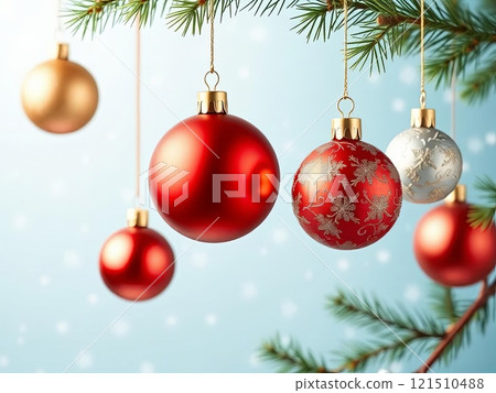 Festive Christmas ornaments hanging on pine tree branch. High quality illustration 121510488