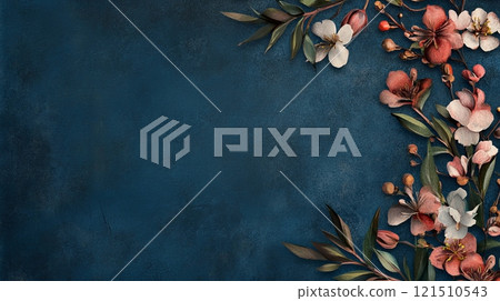 Delicate flowers in shades of pink and white are elegantly arranged against a deep blue background, offering a stunning visual contrast perfect for creative projects or decorations. 121510543