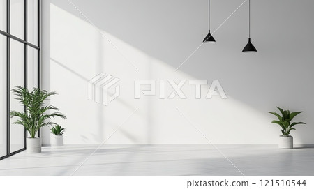 A bright, airy room showcases modern minimalist design with large windows allowing sunlight in. Two indoor plants in white pots are placed strategically for aesthetic appeal. 121510544