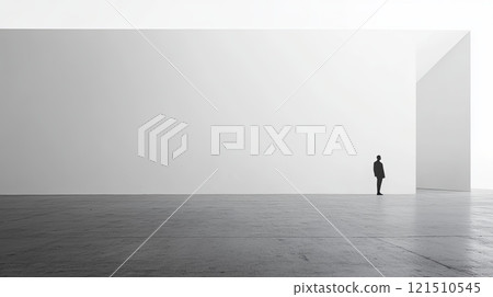 A man remains still in a spacious, minimalist setting, absorbed in thought. The simplified environment emphasizes solitude and reflection within contemporary architecture. 121510545