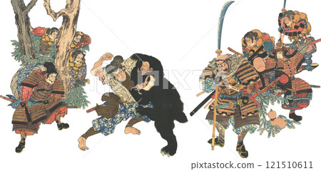 Ukiyo-e illustration: Bear and Saburo Washio, Yoshitsune Ukiyo-e illustration: Bear and Saburo Washio, Yoshitsune 121510611