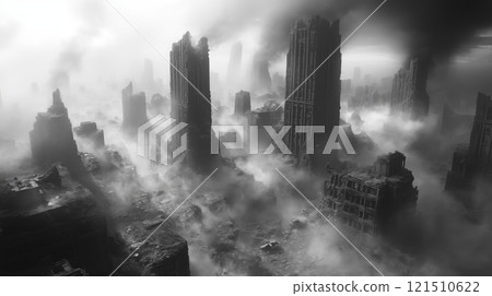 Post-apocalyptic ruins of a city with towering spires in thick fog 121510622
