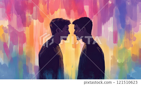Two individuals stand close together, their faces nearly touching, set against a colorful, abstract background that conveys a sense of warmth and intimacy. 121510623