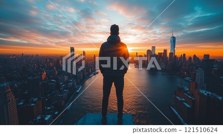 Man overlooking city skyline at sunrise from rooftop 121510624