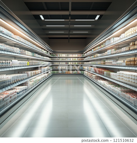 Empty grocery store aisle under fluorescent lighting 121510632