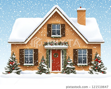 Cozy snow-covered house with holiday decorations and snowfall 121510647