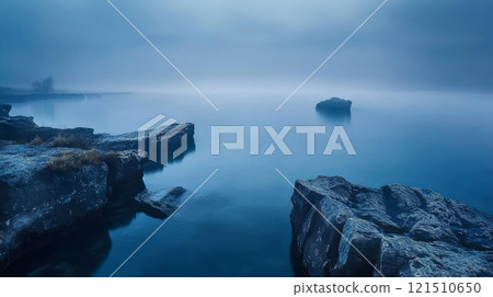 Soft morning fog envelops a rocky shoreline, creating a tranquil atmosphere. The calm blue waters reflect the light, blending seamlessly with the mist. A serene start to the day. 121510650