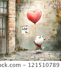 Illustration of a puppy holding a heart balloon 121510789