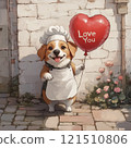 Chef dog holding a heart balloon 121510806