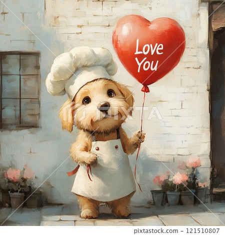 Chef dog holding a heart balloon Chef dog holding a heart balloon 121510807