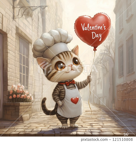 Chef cat holding a heart balloon Chef cat holding a heart balloon 121510808