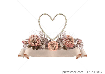 Watercolor bouquet of pink brown rose with a pearl heart, blank beige paper banner ribbon. Trendy mocha mousse palette. Botanical clipart for wedding, Valentine's Day, poster, postcard, women's card 121510842
