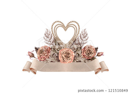 Watercolor bouquet of pink brown rose with a pearl heart, blank beige paper banner ribbon. Trendy mocha mousse palette. Botanical clipart for wedding, Valentine's Day, poster, postcard, women's card 121510849