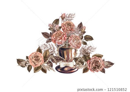 Triangular composition of roses in a bronze vase. Pink-brown color, fashionable mocha-mousse palette. Watercolor template for wedding, Valentine's Day, mother's day, poster, postcard, web design 121510852