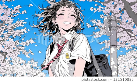 A high school girl in uniform walking under a cherry blossom tree in full bloom 121510883