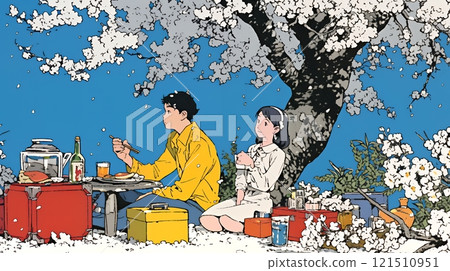 在盛開的櫻花下與朋友一起賞花 121510951