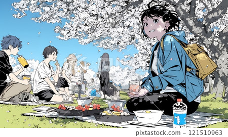 A cherry blossom viewing party with friends under the cherry blossoms in full bloom 121510963