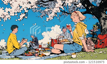 A cherry blossom viewing party with friends under the cherry blossoms in full bloom 121510973