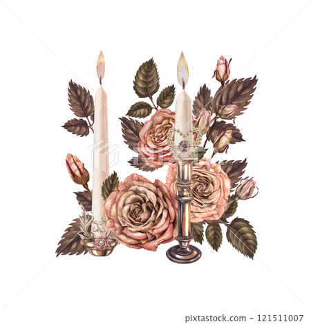 Vintage bouquet of candlesticks, candles with a burning flame, decorated with pink and brown roses with a heart in a delicate palette of mocha mousse. Watercolor template for wedding, Valentine's Vintage bouquet of candlesticks, candles with a burning flame, decorated with pink and brown roses with a heart in a delicate palette of mocha mousse. Watercolor template for wedding, Valentine's 121511007