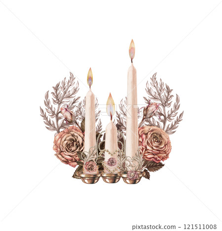 Vintage bouquet of candlesticks, candles with a burning flame, decorated with pink and brown roses with a heart in a delicate palette of mocha mousse. Watercolor template for wedding, Valentine's 121511008