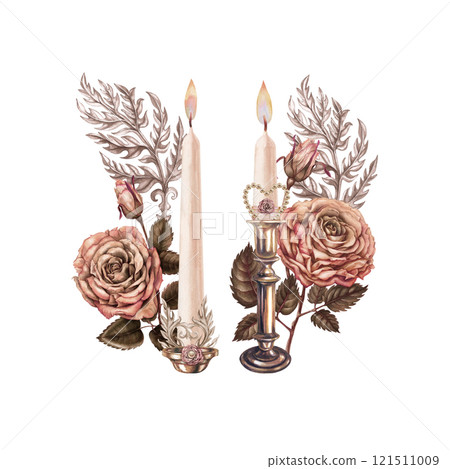 Vintage bouquet of candlesticks, candles with a burning flame, decorated with pink and brown roses with a heart in a delicate palette of mocha mousse. Watercolor template for wedding, Valentine's Vintage bouquet of candlesticks, candles with a burning flame, decorated with pink and brown roses with a heart in a delicate palette of mocha mousse. Watercolor template for wedding, Valentine's 121511009