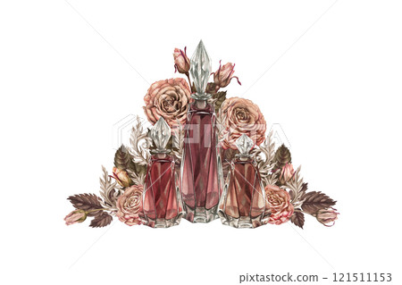 Vintage bouquet of candlesticks, candles, rolled sheet of old paper, decorated with pink-brown roses with a pearl heart. Delicate mocha mousse palette. Watercolor template for wedding, Valentine's Day Vintage bouquet of candlesticks, candles, rolled sheet of old paper, decorated with pink-brown roses with a pearl heart. Delicate mocha mousse palette. Watercolor template for wedding, Valentine's Day 121511153