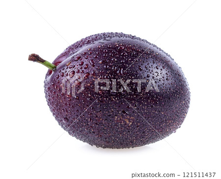 prune or plum with drop of water isolated on white background. 121511437