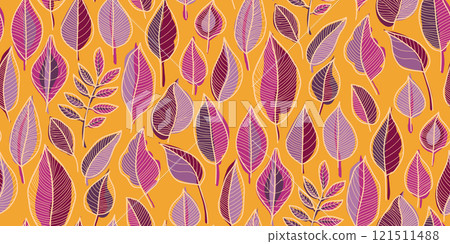 Seamless autumn leaf pattern in pink, purple, maroon with white vein details on bright orange background. Perfect for fall-themed designs, textiles, wallpapers, packaging, seasonal marketing materials 121511488