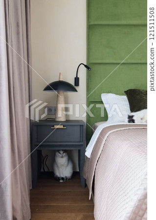 A Cozy Bedroom Scene Featuring a Cat Resting on a Soft Bed with a Stylish Green Headboard 121511508
