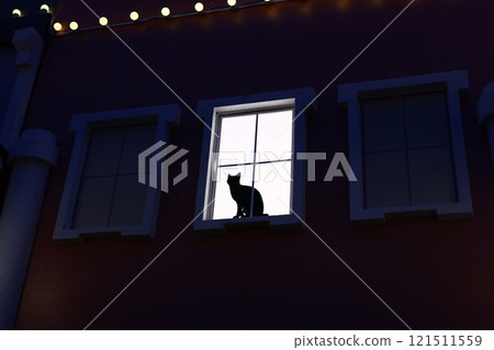 A silhouette of a cat sitting in a window at night, creating a serene and cozy atmosphere 121511559