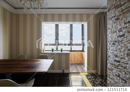 A Contemporary Dining Area featuring a Scenic View that enhances the overall atmosphere 121511718