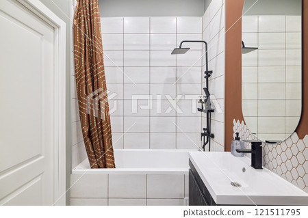 Explore a modern bathroom design that wonderfully combines a shower and tub for relaxation 121511795