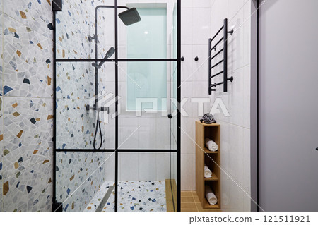 Explore a Modern Shower Design featuring Stylish Terrazzo and Glass for a refreshing aesthetic 121511921