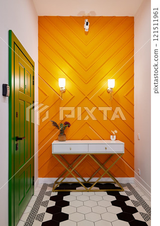 A Vibrant Entryway with Geometric Design Features and Stylish Decorative Elements A Vibrant Entryway with Geometric Design Features and Stylish Decorative Elements 121511961