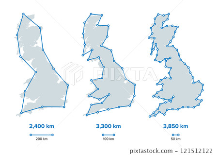 Coastline paradox, fractal curve-like properties of coastlines shown by the island of Great Britain. Coastlines have no well-defined length and appear longer the smaller the unit of measurement used. 121512122