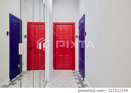 A Stylish and Contemporary Hallway Featuring Colorful and Eyecatching Doors in Modern Design 121512144
