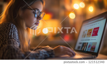 Focused young woman wearing glasses using laptop for online shopping at night in a cozy warm toned environment, browsing an e commerce website 121512340