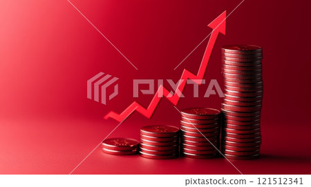 Increasing stacks of coins with a red upward arrow symbolizing growth, profit, and investment on a red background create a powerful visual representation of financial success 121512341