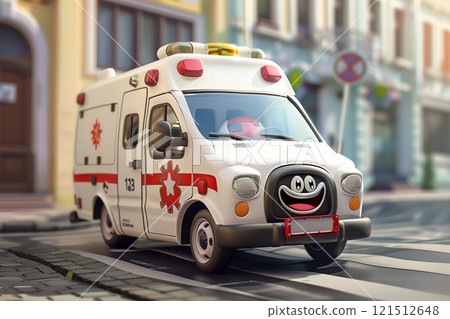 Beautiful colorful fictional cartoon car with pronounced headlights, abstract vivid composition consists of fictional unreal fantastic vision on background 121512648