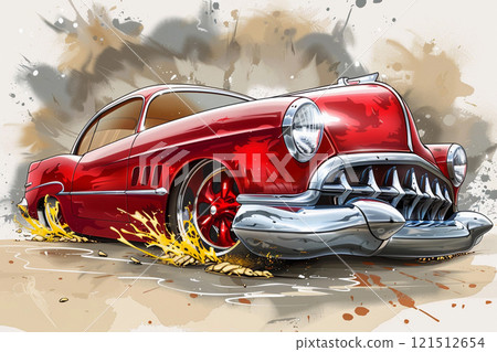 Beautiful colorful fictional cartoon car with pronounced headlights, abstract vivid composition consists of fictional unreal fantastic vision on background 121512654