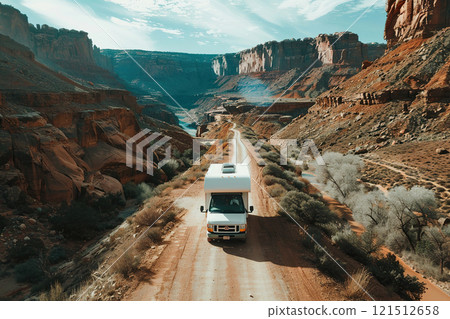 Holiday trip on large family motorhome for holiday in beautiful natural nature, abstract vivid composition consists of fictional unreal fantastic vision on background 121512658