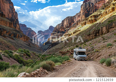 Holiday trip on large family motorhome for holiday in beautiful natural nature, abstract vivid composition consists of fictional unreal fantastic vision on background 121512659
