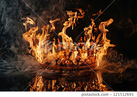 Fantastic beautiful king or queen crown from vivid gold material for coronation, abstract vivid composition consists of fictional unreal fantastic vision on background 121512691