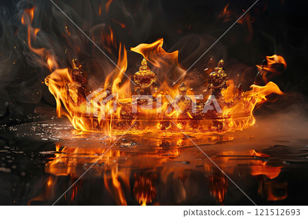 Fantastic beautiful king or queen crown from vivid gold material for coronation, abstract vivid composition consists of fictional unreal fantastic vision on background 121512693
