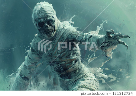 Scary sinister mummy wandering in street with dramatic lighting on Halloween, abstract vivid composition consists of fictional unreal fantastic vision on background 121512724