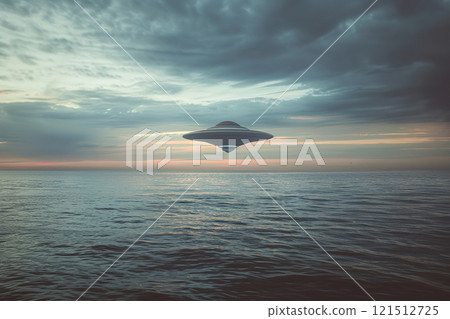 Iron oval UFO saucer hovering over beautiful landscape in deep dramatic sky, abstract vivid composition consists of fictional unreal fantastic vision on background 121512725