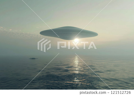 Iron oval UFO saucer hovering over beautiful landscape in deep dramatic sky, abstract vivid composition consists of fictional unreal fantastic vision on background 121512726